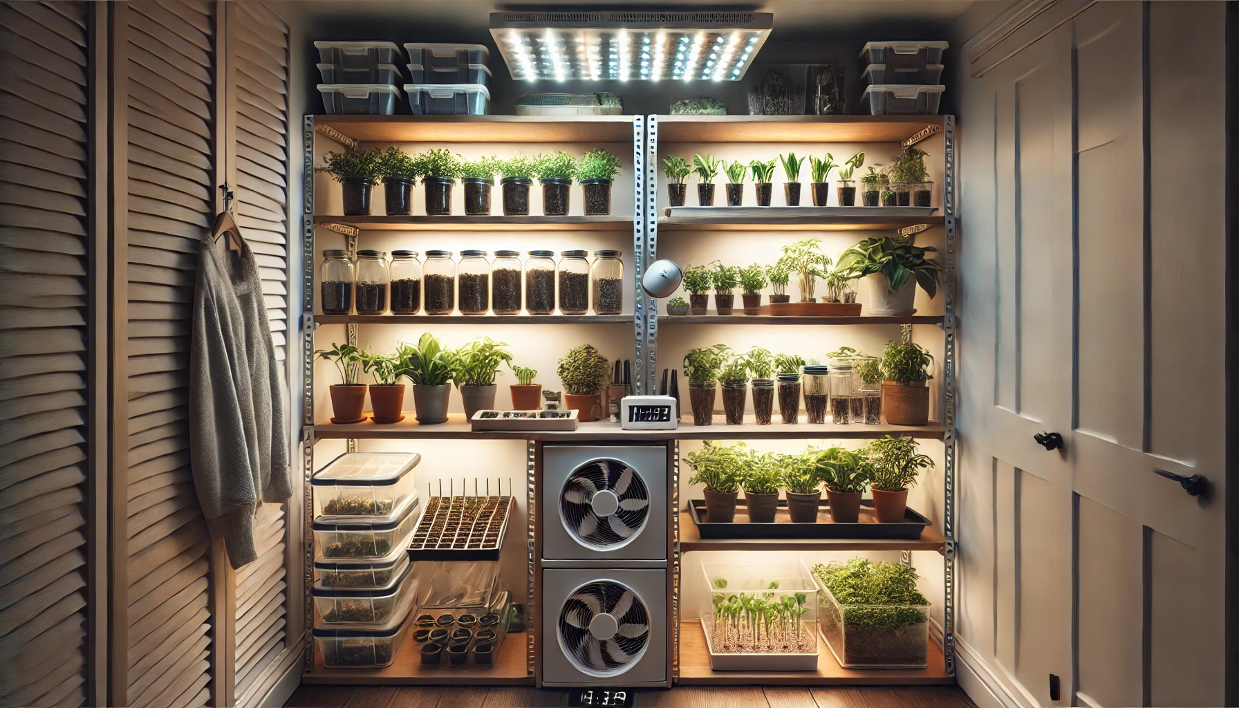 A well-organized indoor garden with shelves full of potted plants, jars of seeds, and a fan, illuminated by LED lights.