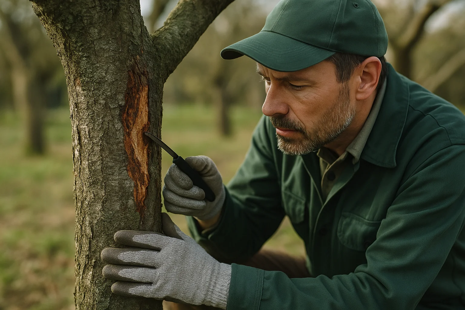 A person wearing gloves uses a tool to carve into a tree trunk, surrounded by a lush green orchard in the background.