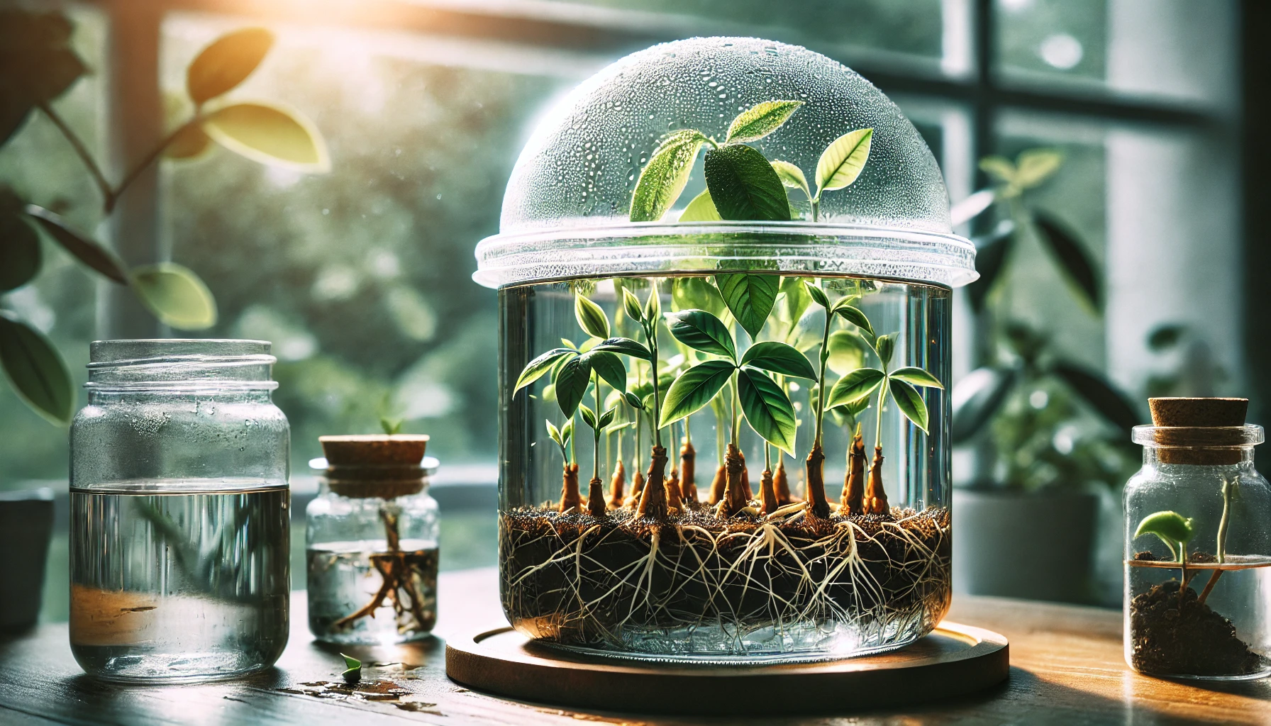 A glass terrarium with lush green plants and extensive roots sits on a wooden table, surrounded by glass jars of water and sunlight.
