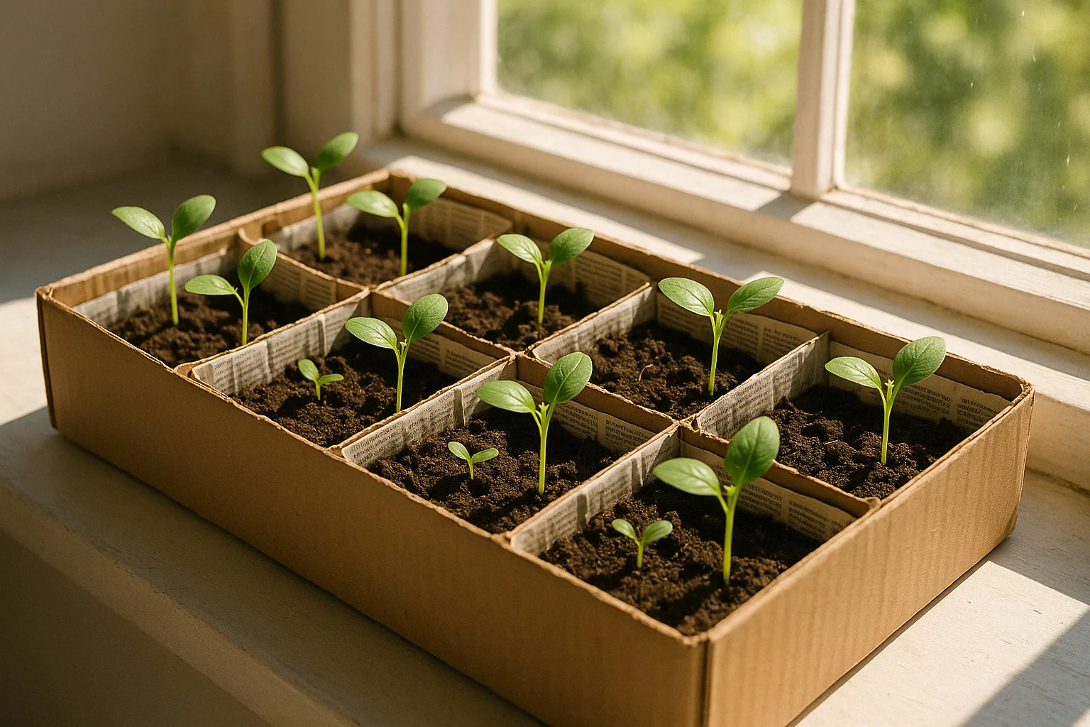A cardboard seed tray with nine compartments holds young green seedlings, placed near a sunlit window.