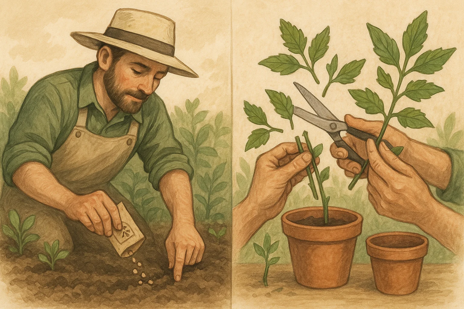 A gardener sows seeds in soil on the left, while hands carefully trim plant cuttings above pots on the right.