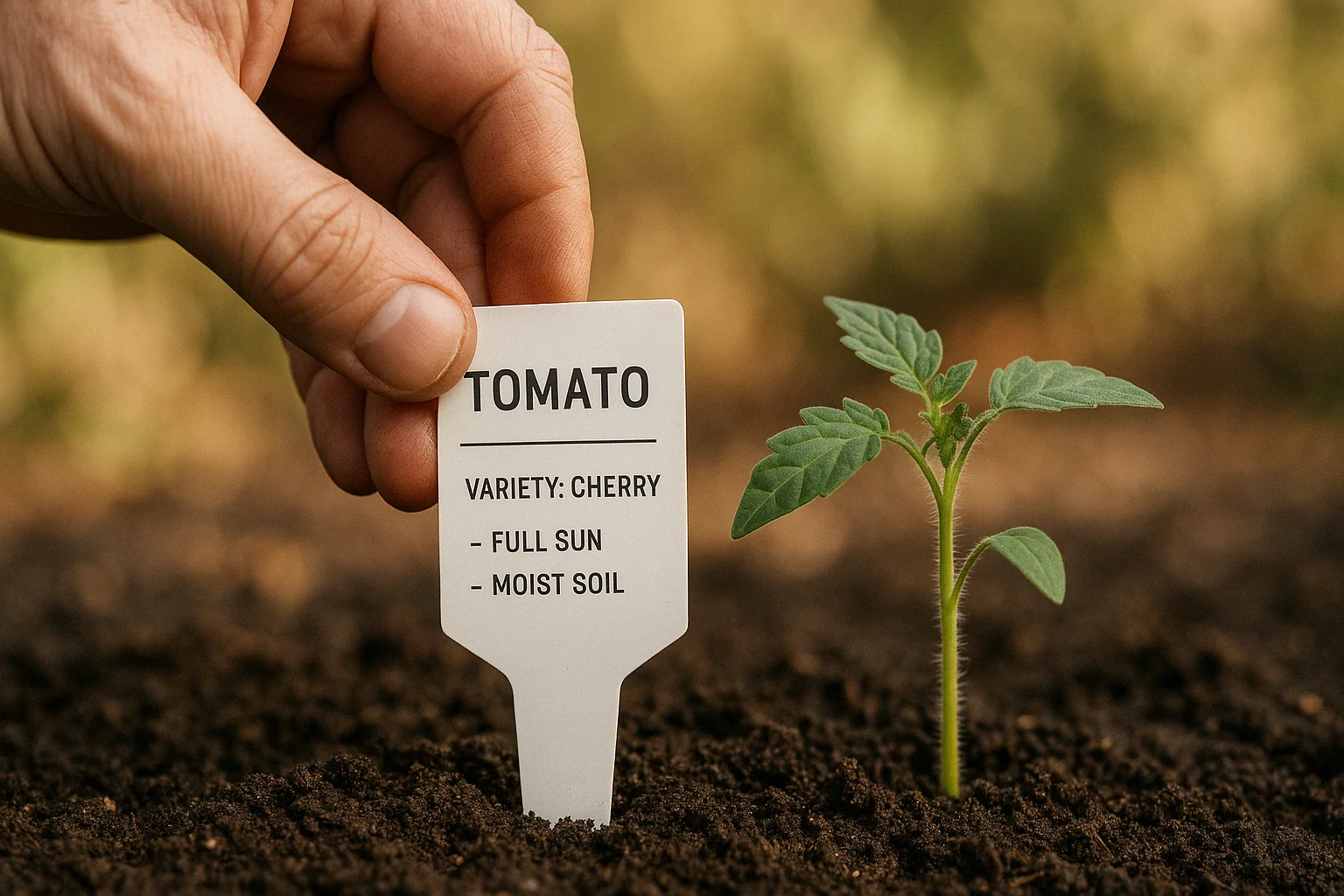 A hand holds a plant tag for a cherry tomato, beside a young tomato seedling in rich soil, with care instructions visible.