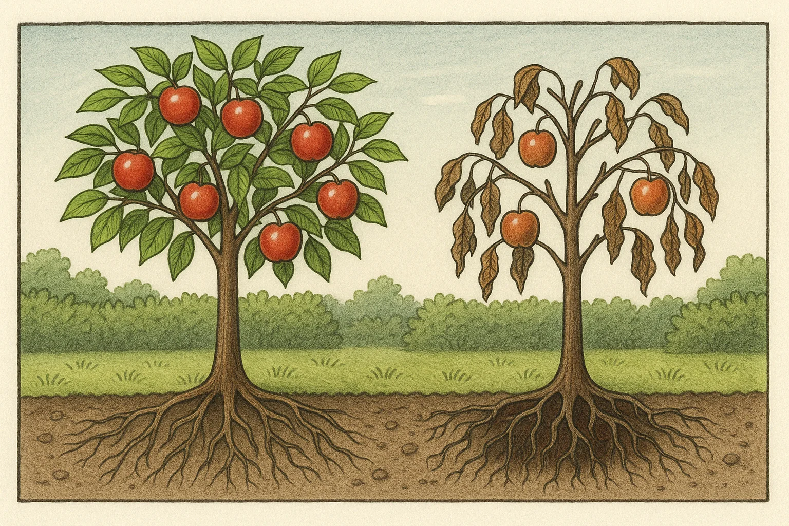 A vibrant apple tree on the left with healthy leaves and fruit contrasts with a withered tree on the right, showcasing drought effects.