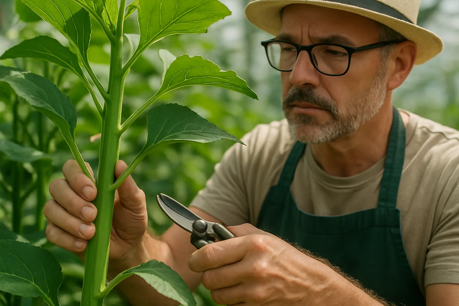 A person pruning a green plant with garden shears, surrounded by lush greenery in a greenhouse setting.