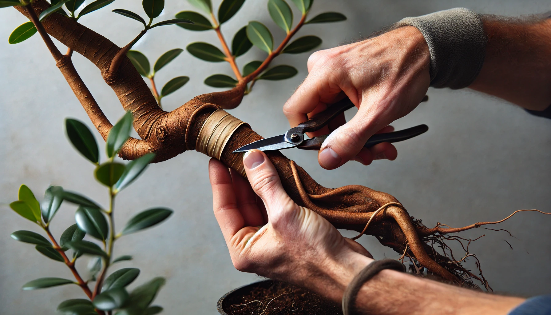 A person trims a bonsai tree branch with scissors, carefully securing the wrapped trunk with hands surrounded by green leaves.