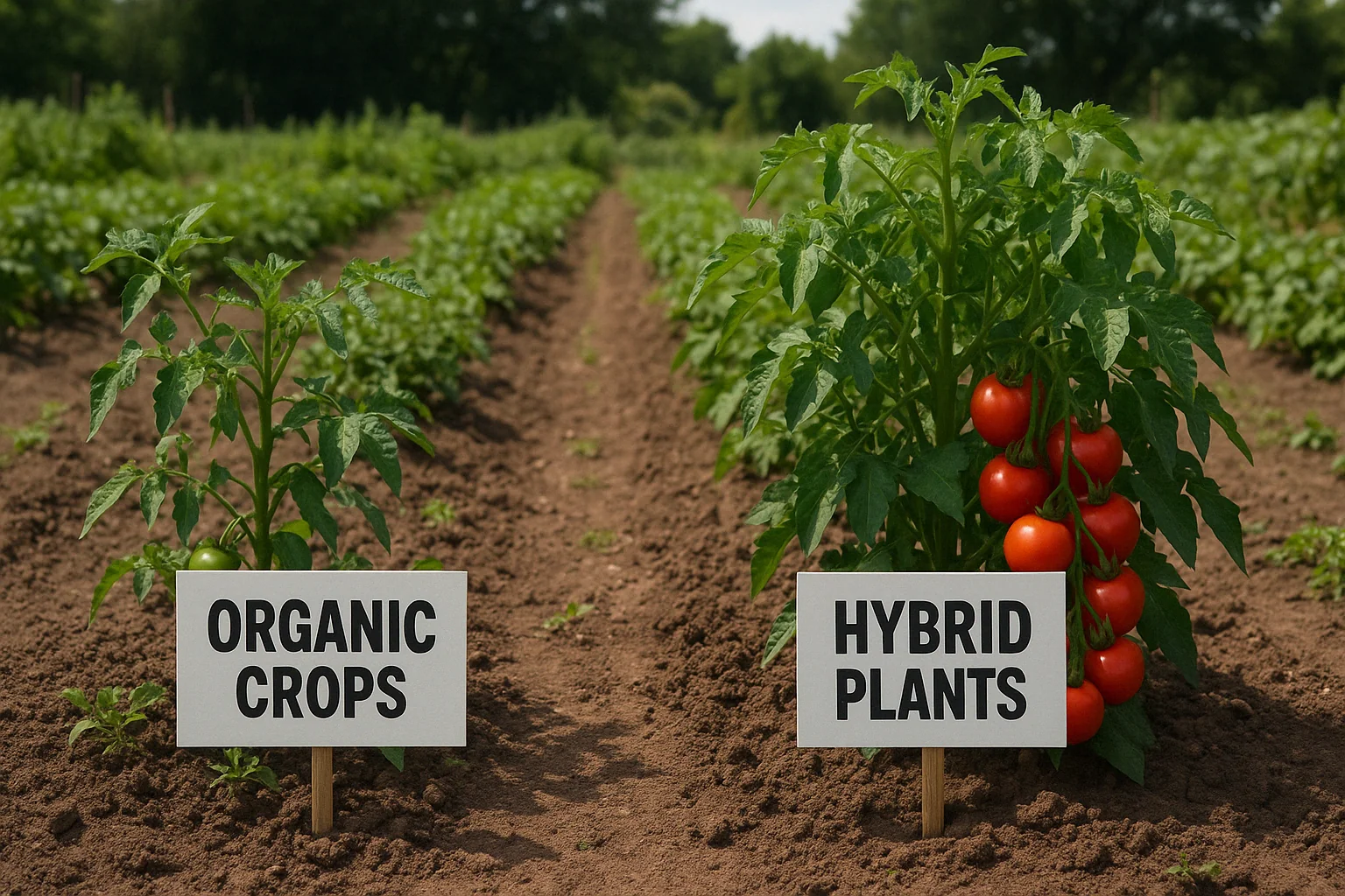 A split garden scene showcasing two rows: one labeled "Organic Crops" with green tomatoes, the other "Hybrid Plants" with ripe red tomatoes.