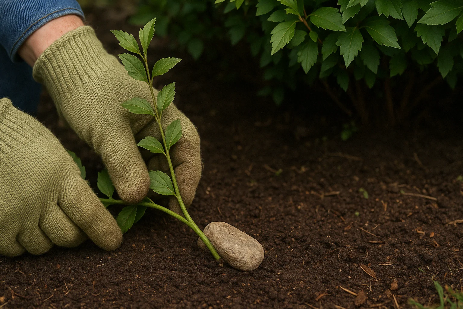 A gloved hand gently plants a young green stem into dark soil, weighted down by a small stone, amidst lush foliage.