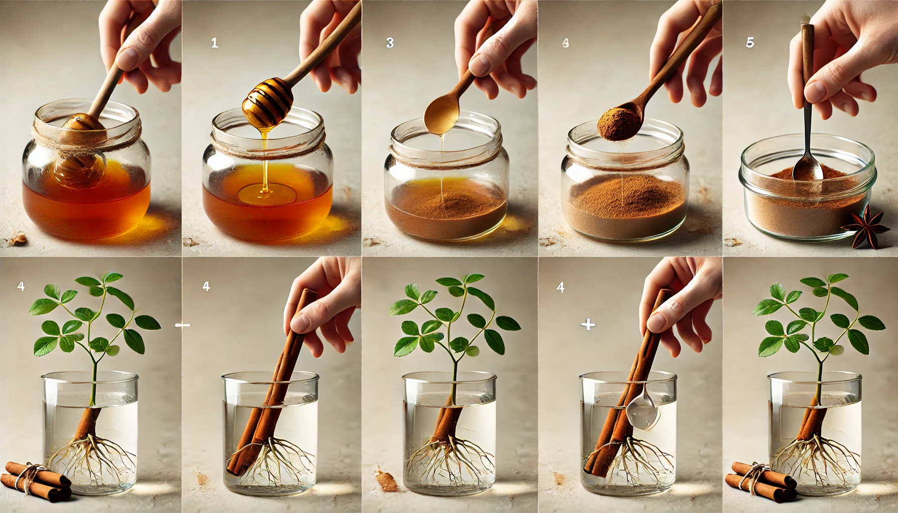 A step-by-step guide illustrating honey and spice blending followed by plant growth in water with cinnamon sticks and a small seedling.