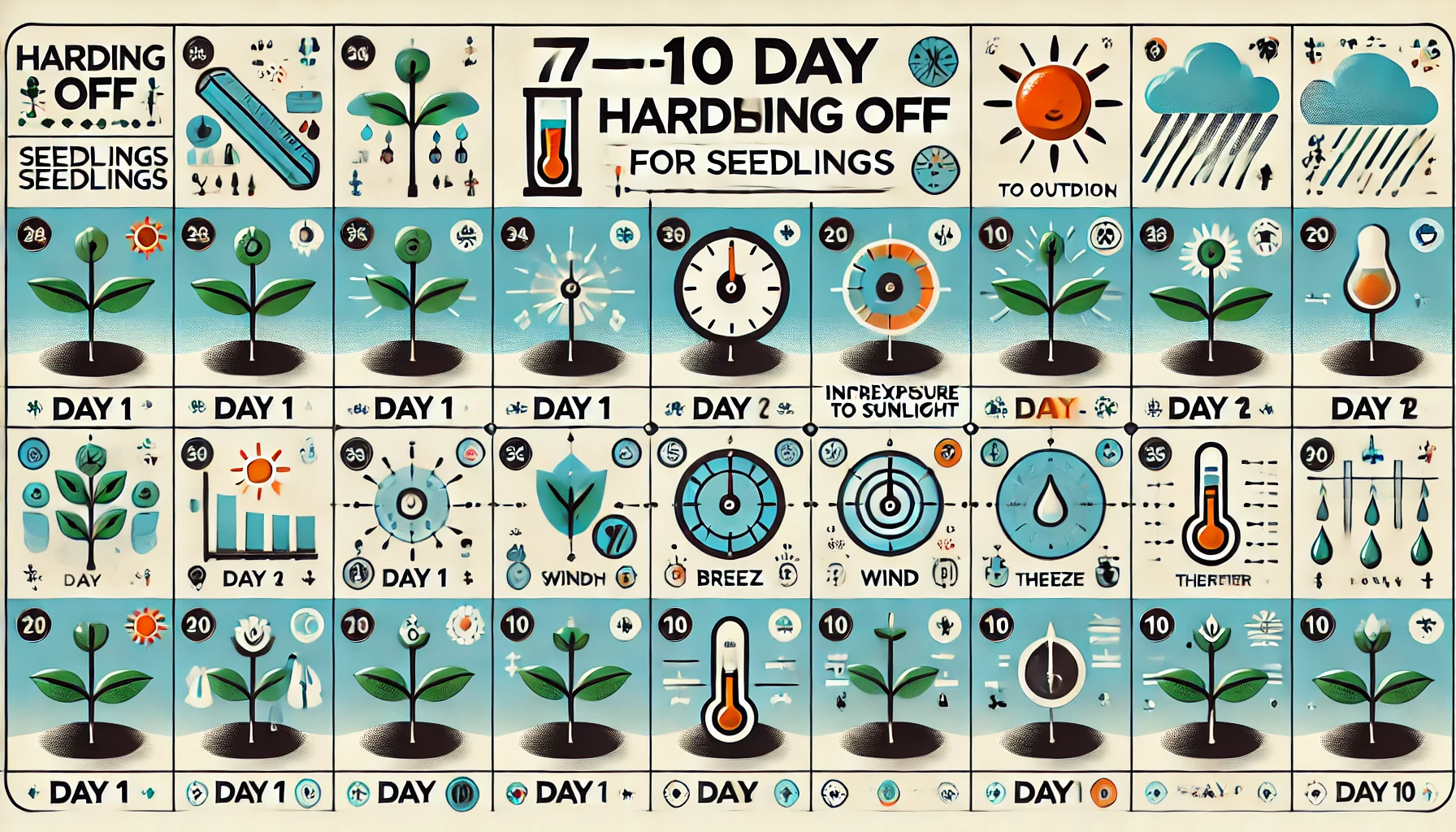 Infographic illustrating a 7-10 day hardening off schedule for seedlings, detailing exposure to sun, wind, and temperature adjustments.