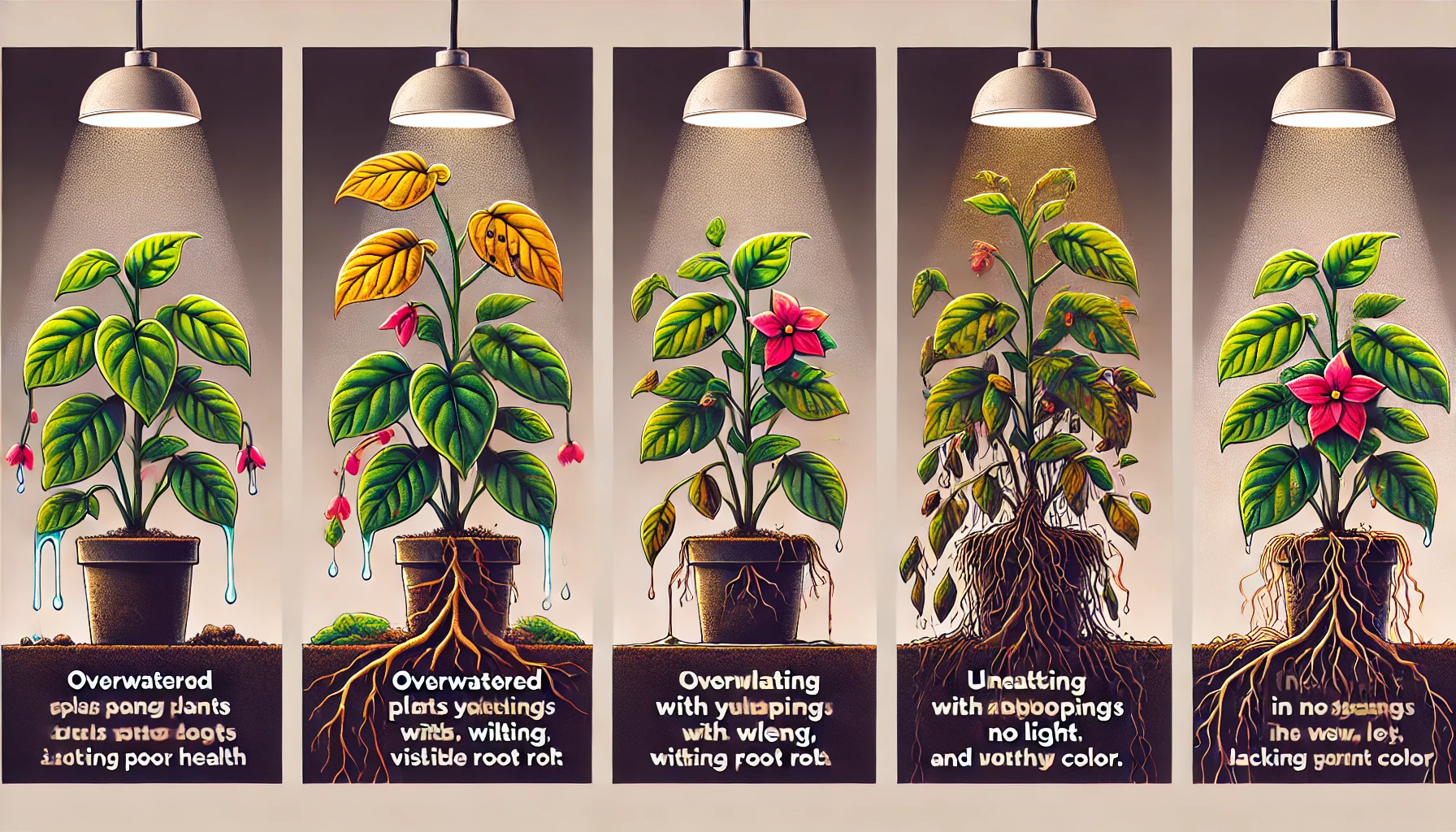 A series of five plants showing stages of overwatering, root rot, and health decline under various lighting conditions.
