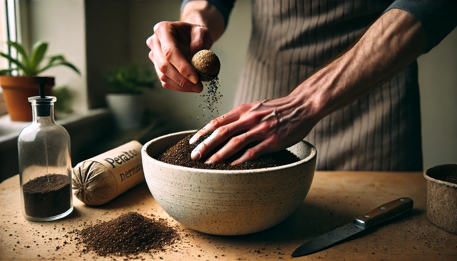 A person in an apron scoops ground coffee into a large bowl, with plants and a glass container nearby. A knife rests on the table.