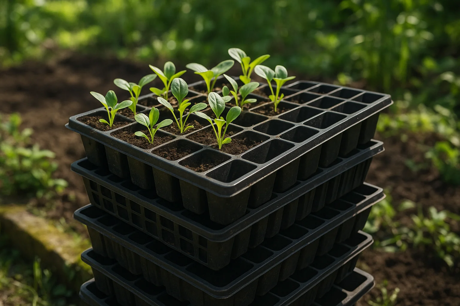 A stack of black seedling trays filled with young green plants, set against a blurred garden background.