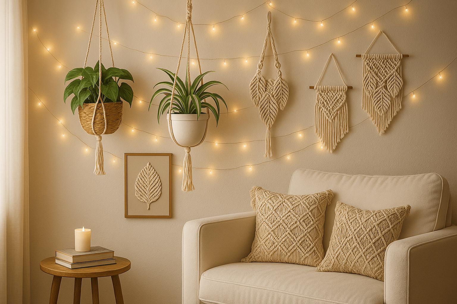 A cozy living room featuring macrame wall hangings, hanging plants, warm fairy lights, and a candle-lit table with books.