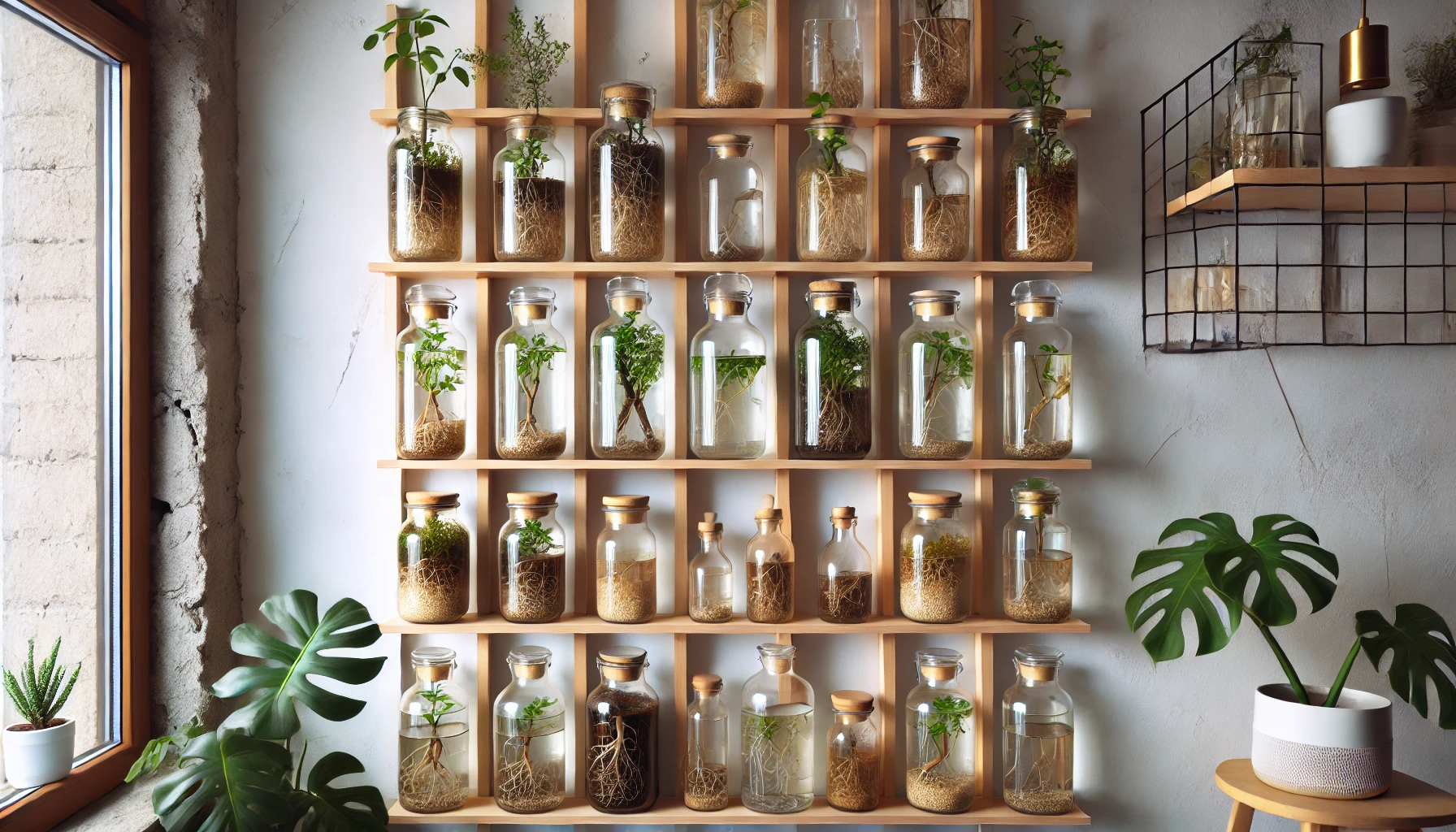 A vertical wall display features glass jars filled with various plants and soil, alongside a potted Monstera plant on a small stool.