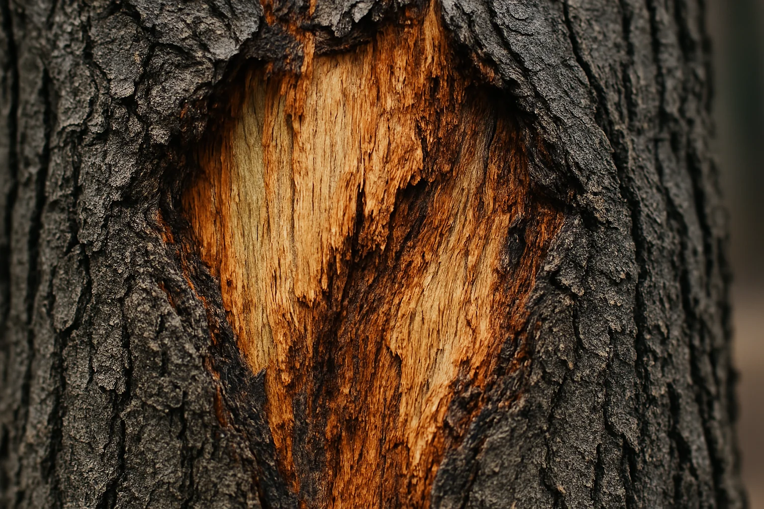 Close-up of a tree trunk showing a split revealing warm, light wood surrounded by dark, textured bark.