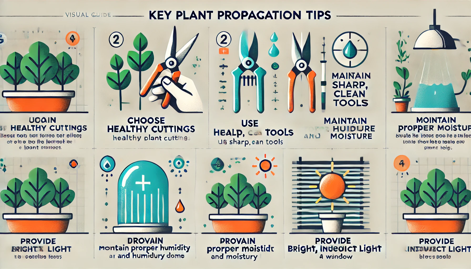 Visual guide illustrating key plant propagation tips, including cuttings, tool maintenance, moisture, and light requirements.