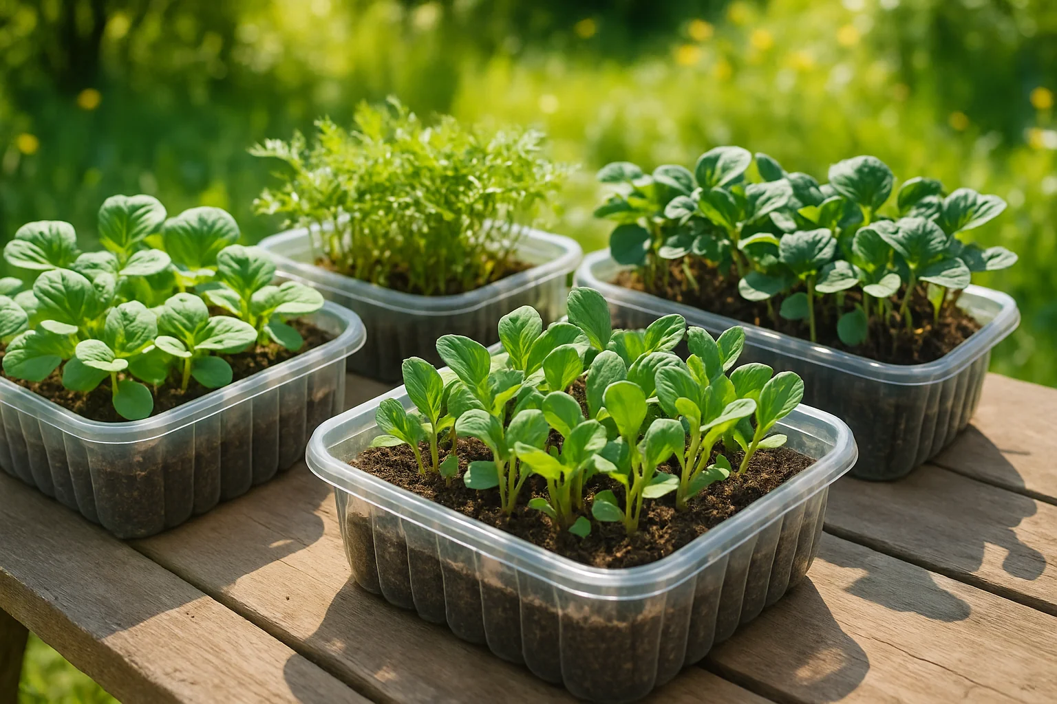 Five containers of vibrant seedlings, including leafy greens and herbs, are arranged on a wooden table in a sunlit garden.