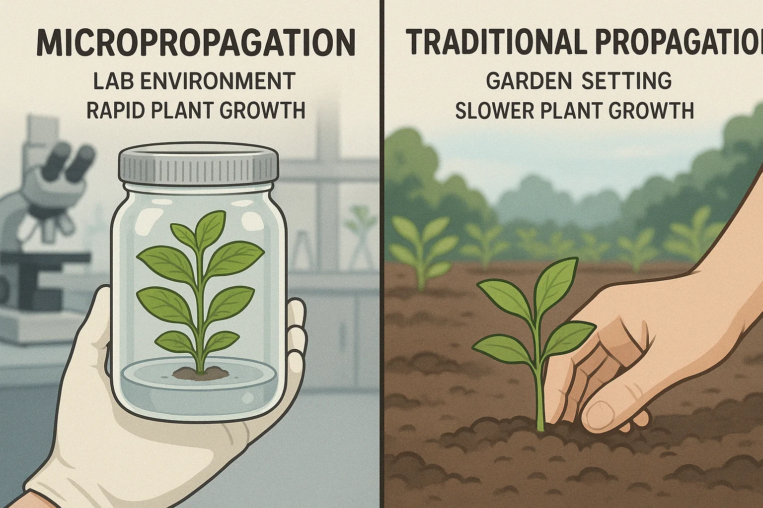 Comparison of micropropagation in a lab for rapid plant growth versus traditional propagation in a garden for slower growth.