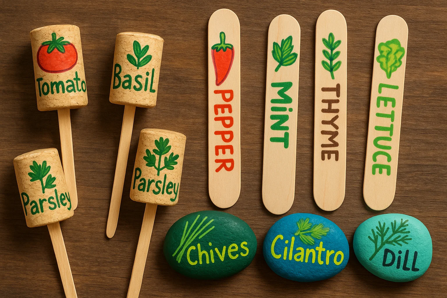 A colorful assortment of garden markers: cork sticks for tomato, basil, and parsley, plus wooden sticks for pepper, mint, thyme, and lettuce.