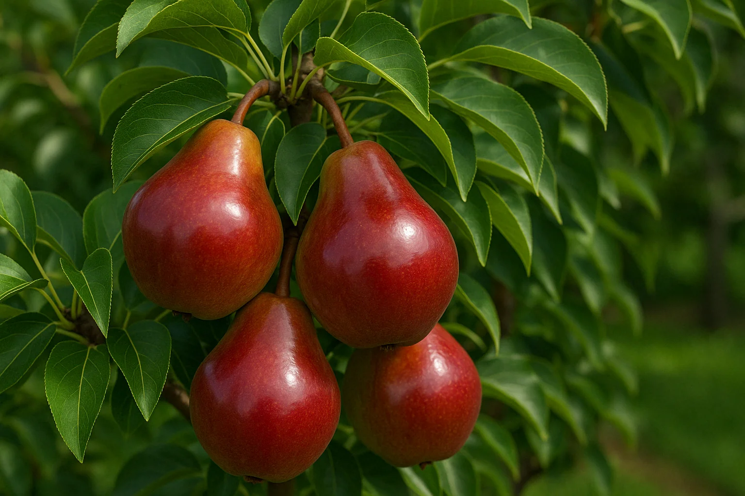 Four ripe red pears hanging from a branch surrounded by lush green leaves. 7. Three fruit trees labeled M9 (apples), Carrizo (oranges), and Lovell (peaches) in a sunny orchard, showcasing ripe fruits.