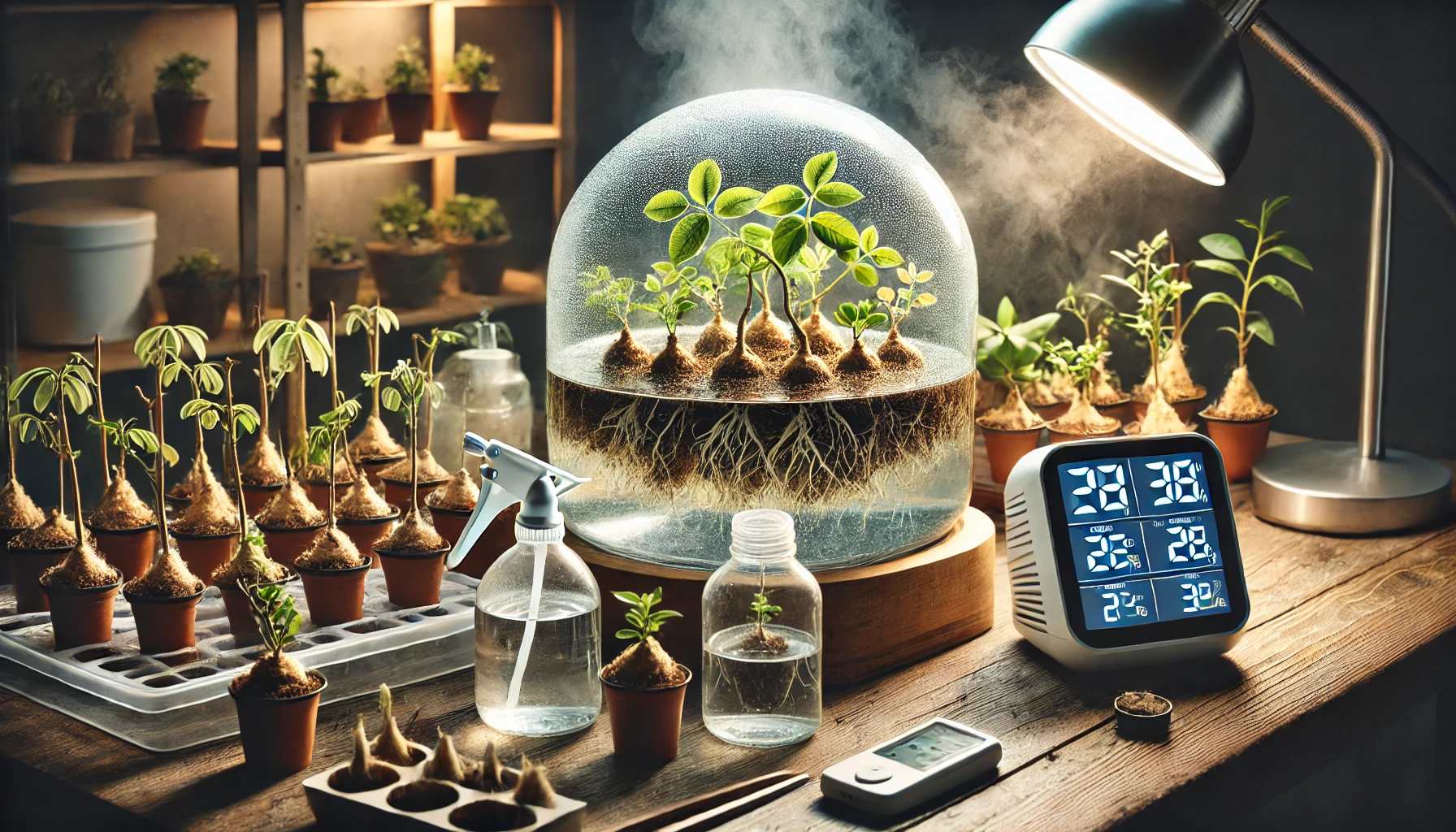 A nurturing indoor garden setup with seedlings in pots, a glass terrarium, water bottles, and a weather monitor, bathed in warm light.