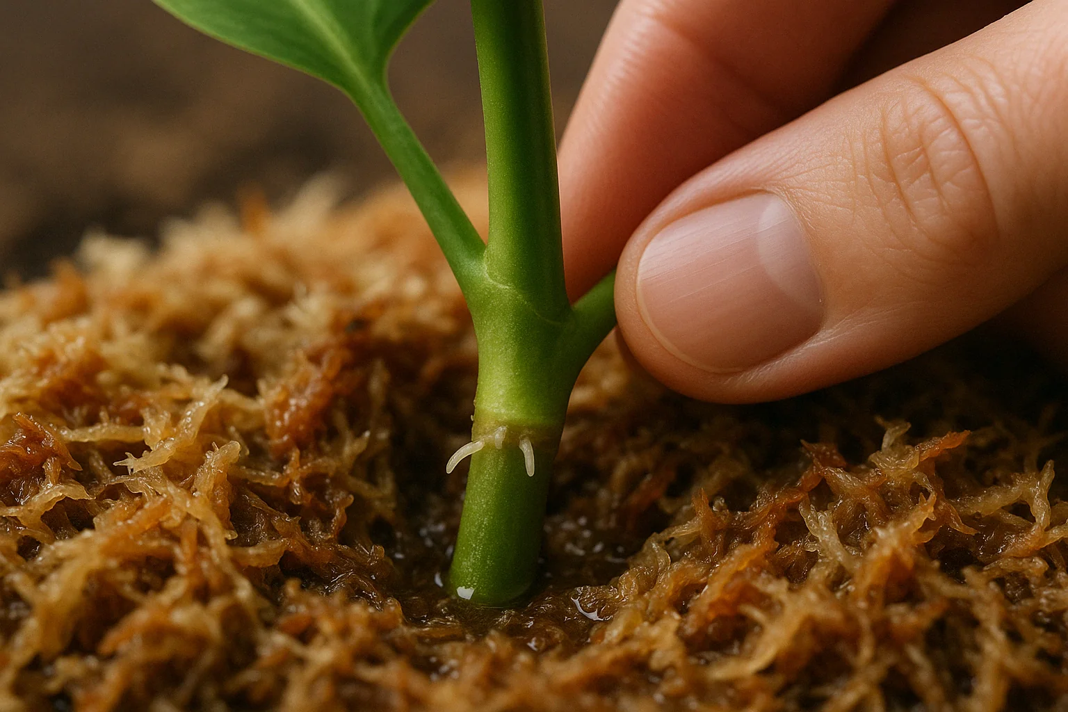 Close-up of a hand gently touching a green plant stem with emerging roots, resting on a bed of brown moss.