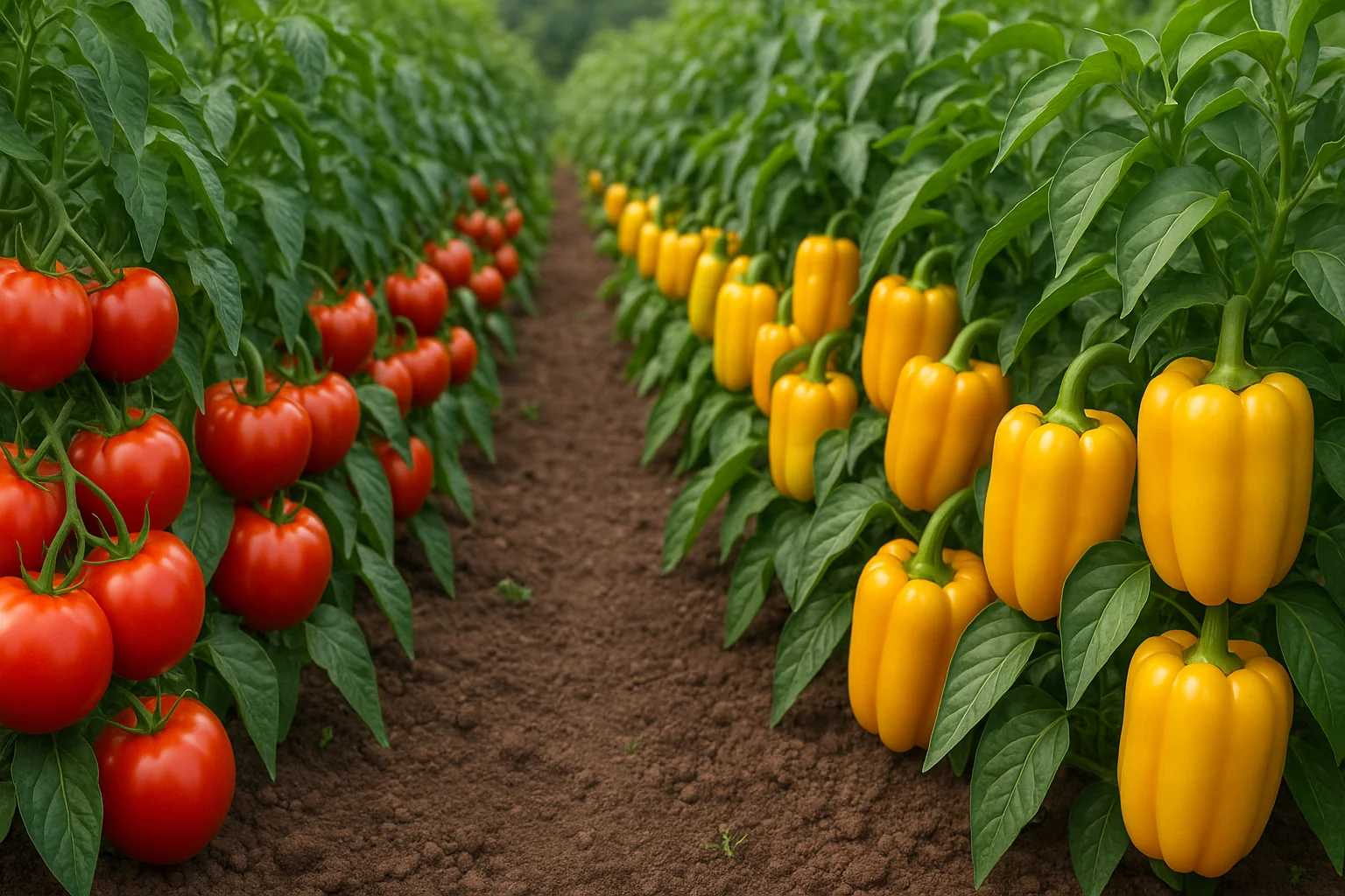 Rows of vibrant red tomatoes and bright yellow bell peppers growing in lush greenery, set against rich brown soil.