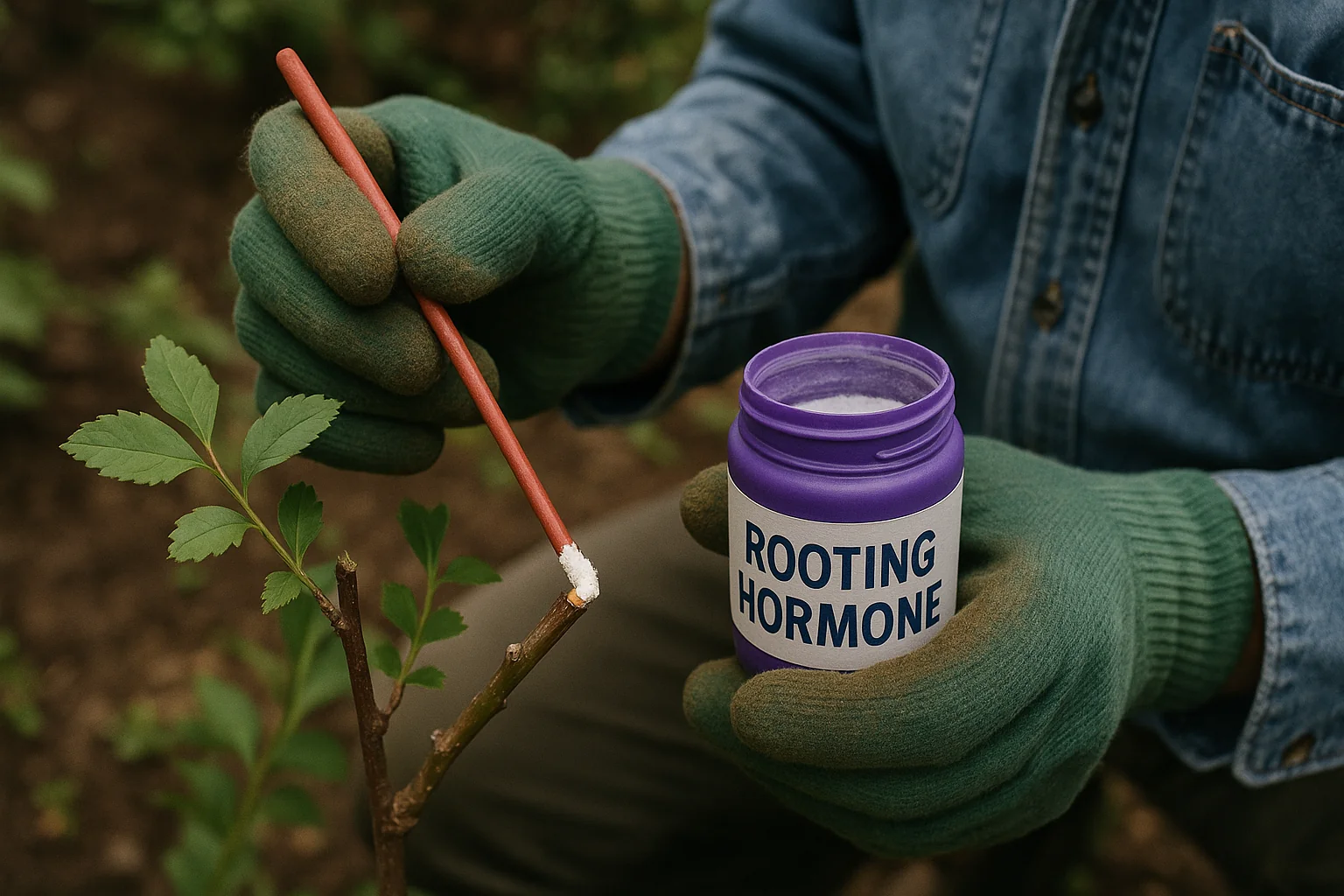 A gardener applies rooting hormone with a stick to a plant cutting, holding a purple container labeled "ROOTING HORMONE."