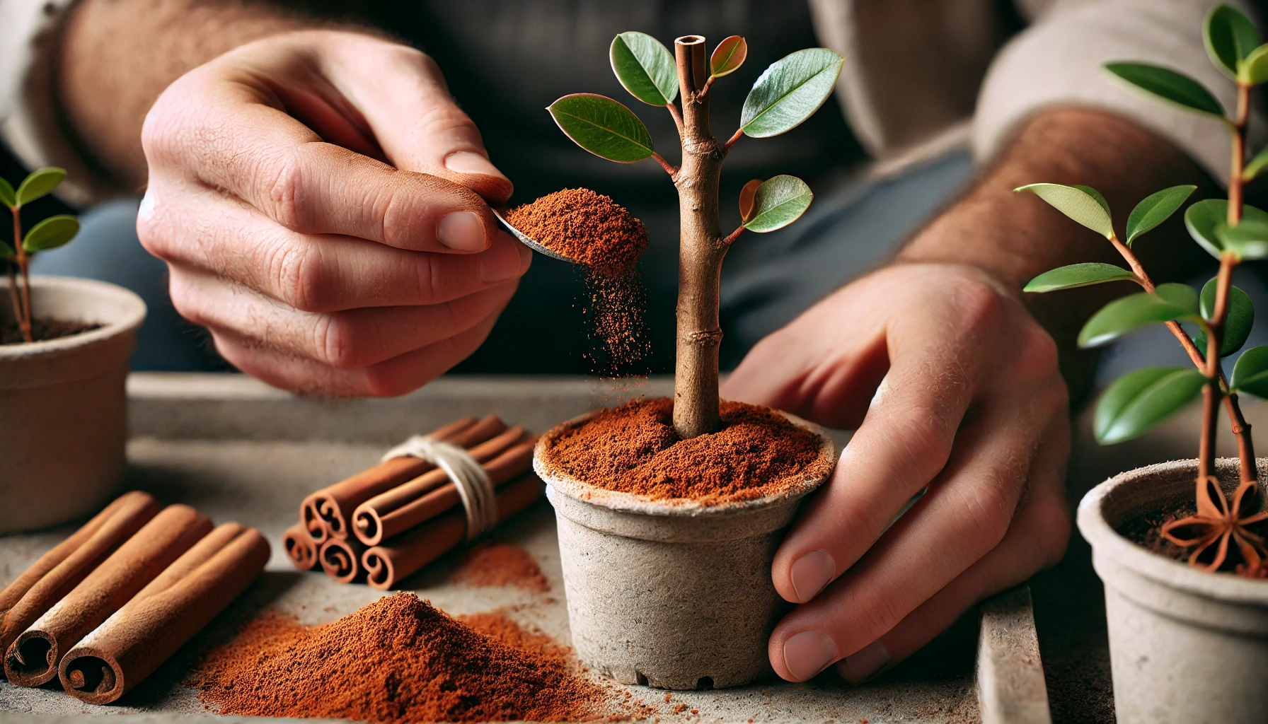 A person sprinkles brown powder onto a small potted tree, surrounded by cinnamon sticks and soil, showcasing a plant care activity.