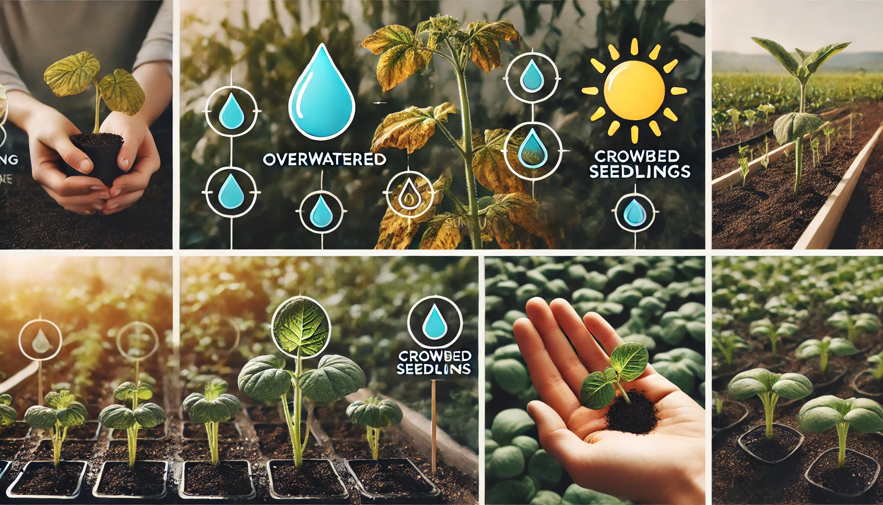 Collage of plants illustrating issues like overwatering and crowding, with diagrams highlighting seedling care tips.