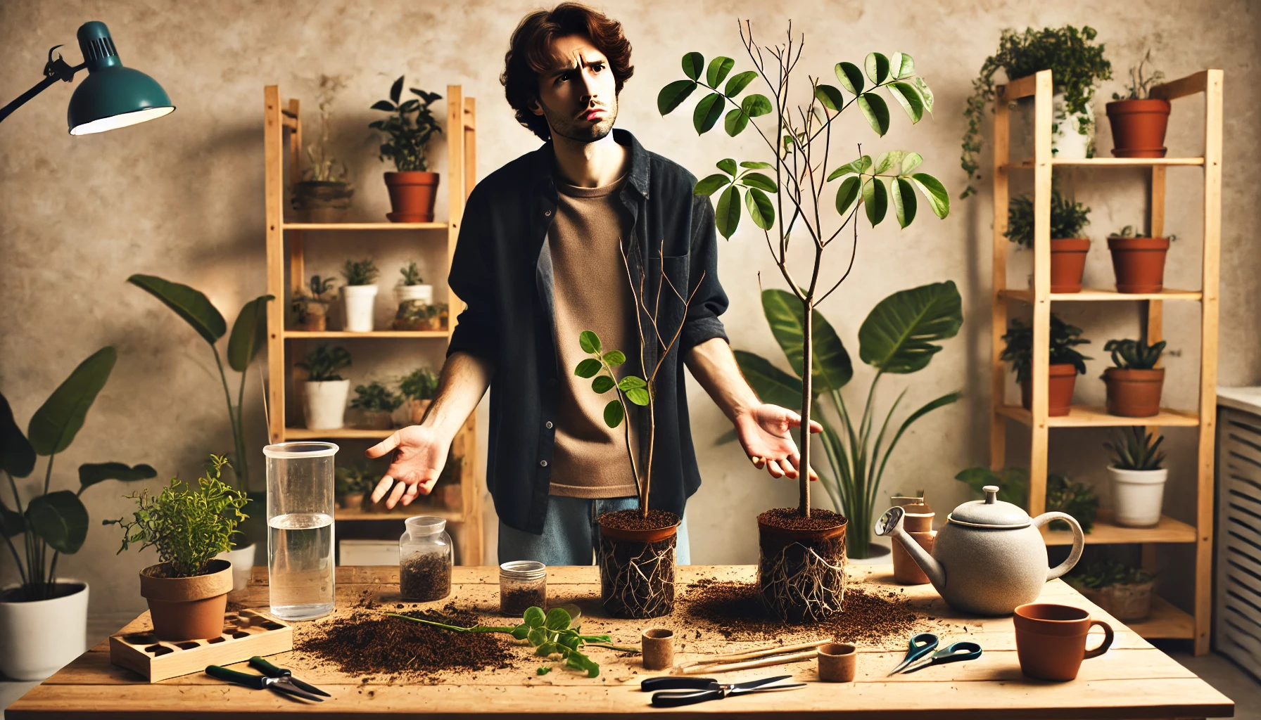 A person stands at a wooden table surrounded by potted plants, gardening tools, and materials for planting.