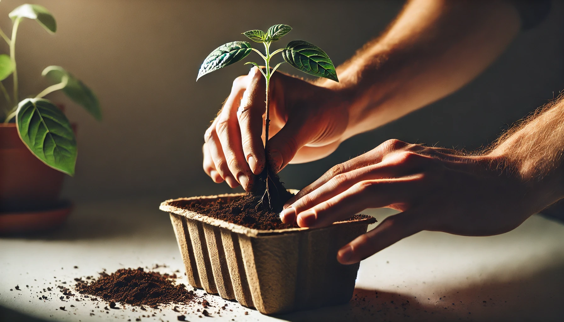 A person plants a young green seedling in a pot filled with soil, hands gently securing the roots in place.