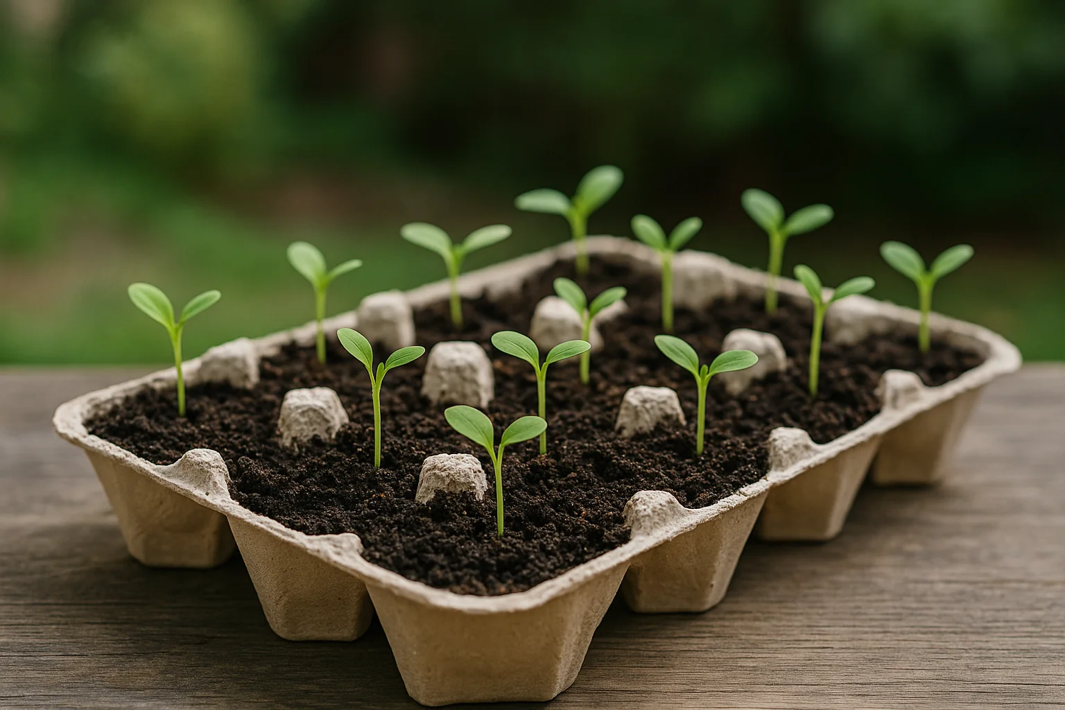 Tiny green seedlings sprout from earthy soil in an egg carton planter, set against a softly blurred green background.