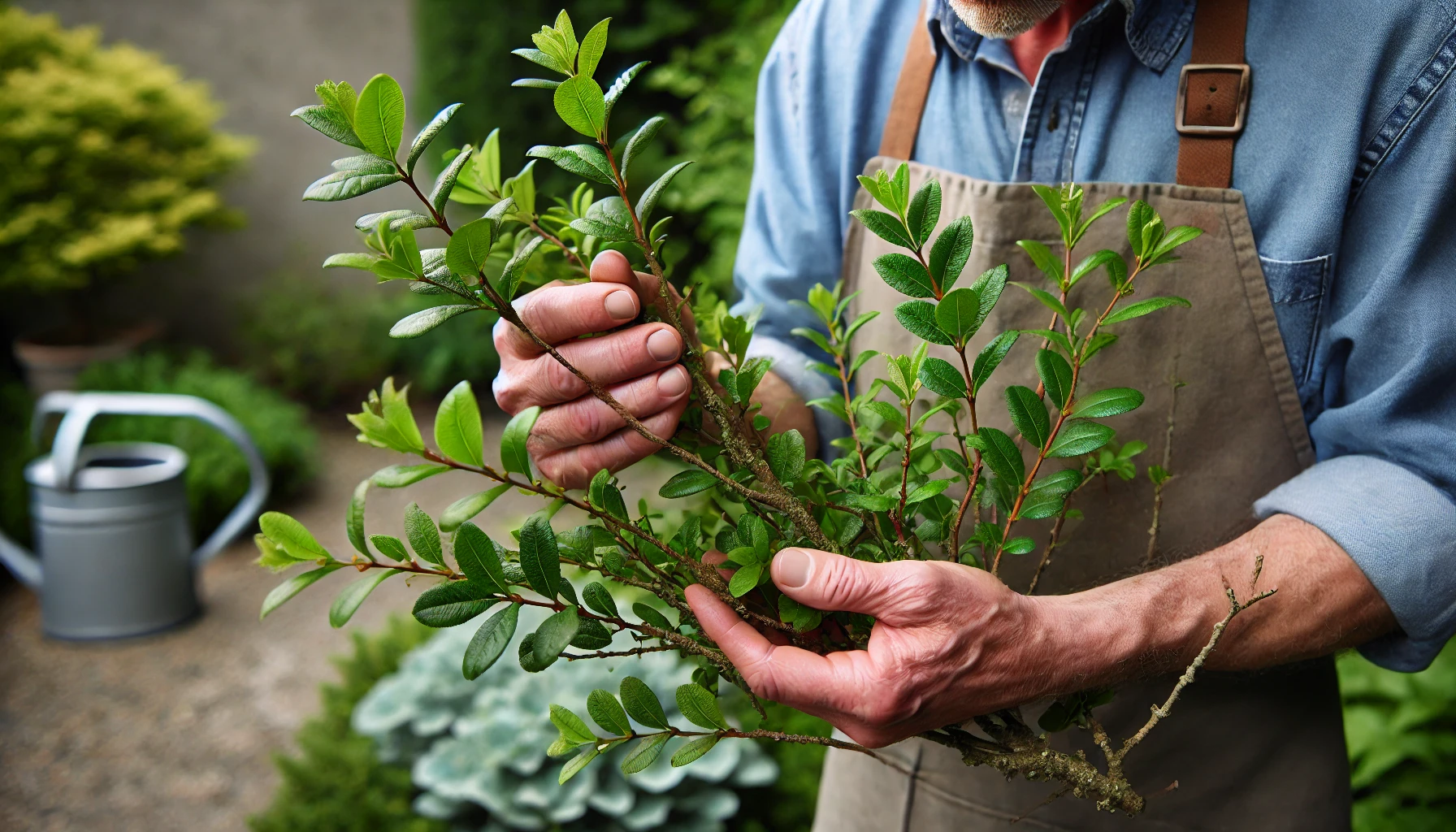 A gardener in an apron examines a sprig of green leaves, surrounded by lush plants and a watering can in a serene garden setting.