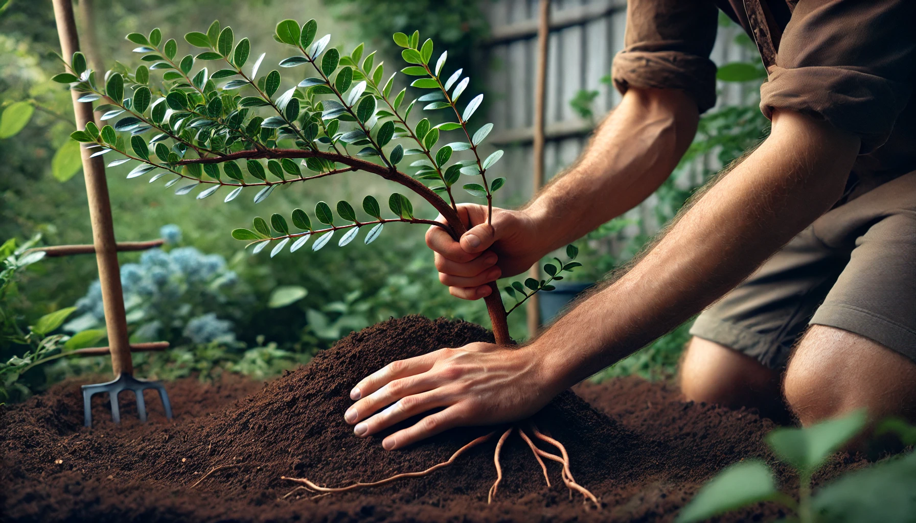 A gardener plants a young tree with green leaves, carefully burying its roots in rich, dark soil in a lush garden setting.
