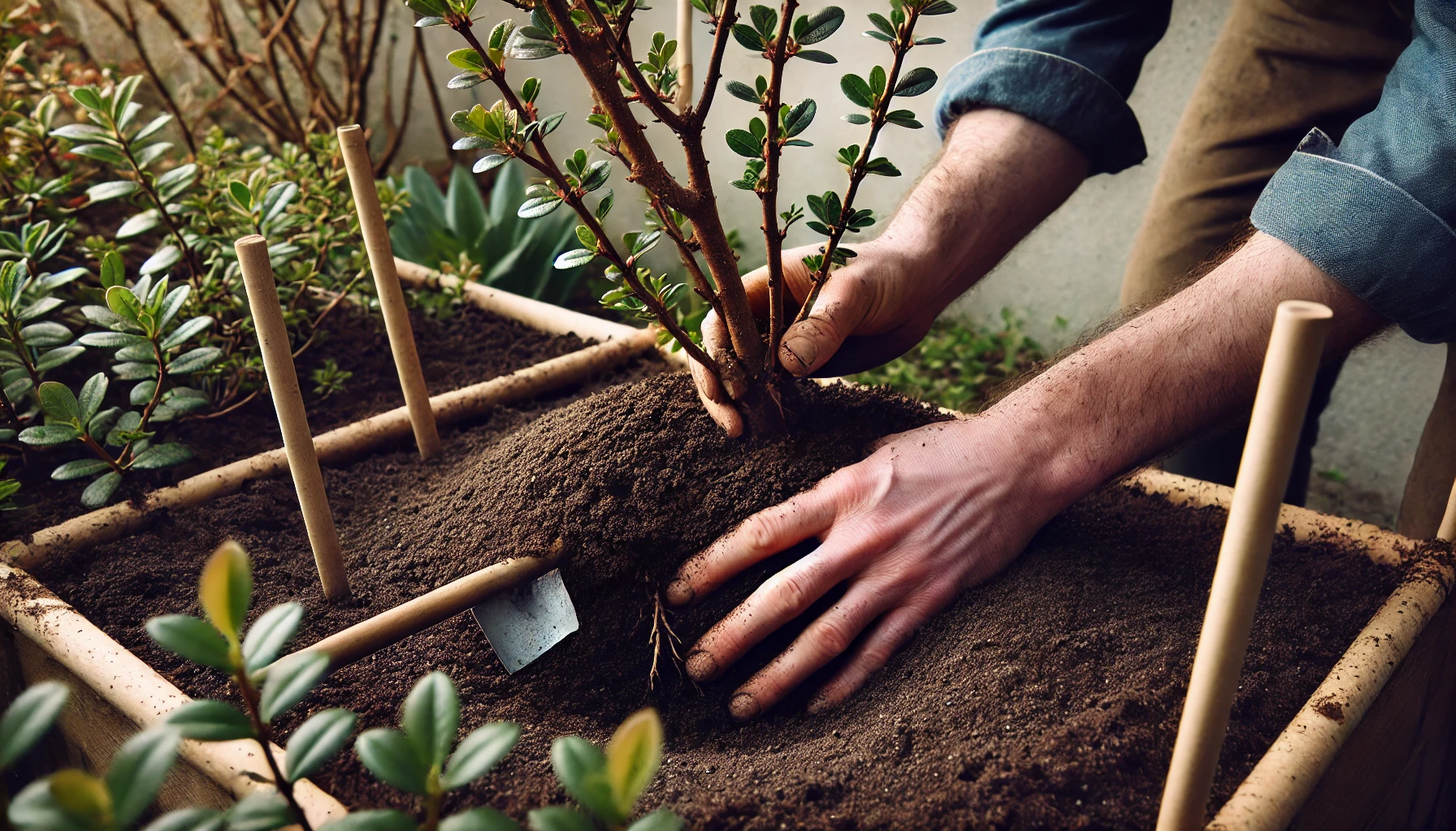 A close-up of hands planting a small shrub in soil, surrounded by green leaves and garden stakes in a wooden planter.