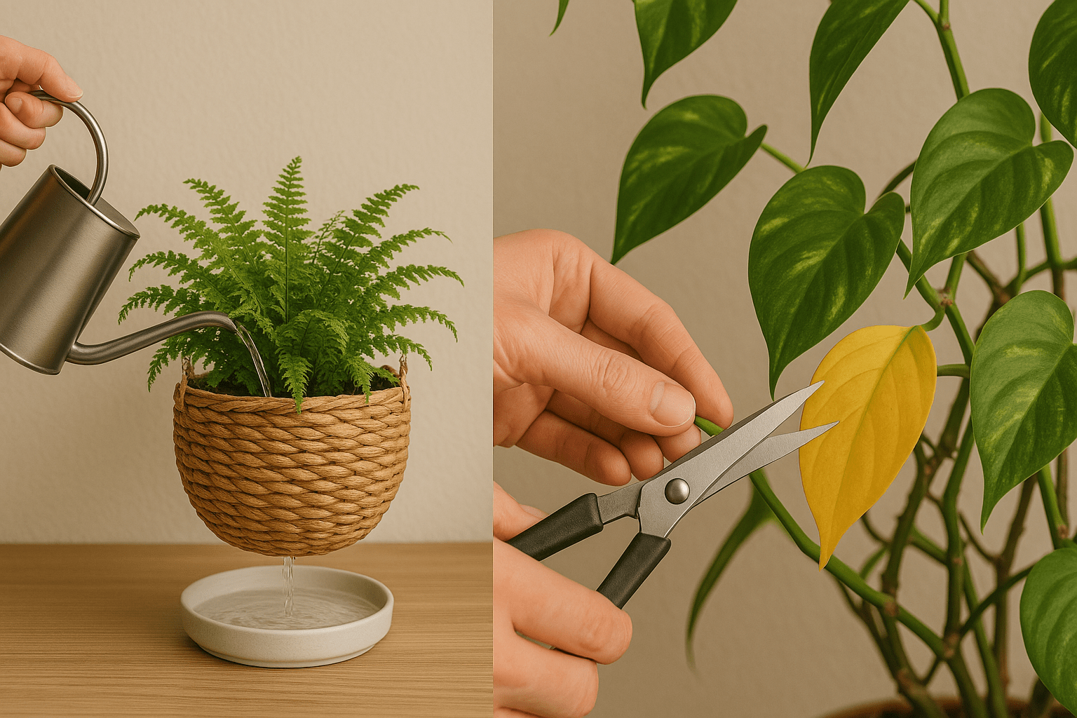 A hand waters a fern in a woven pot while another hand uses scissors to trim a yellow leaf from a green plant.