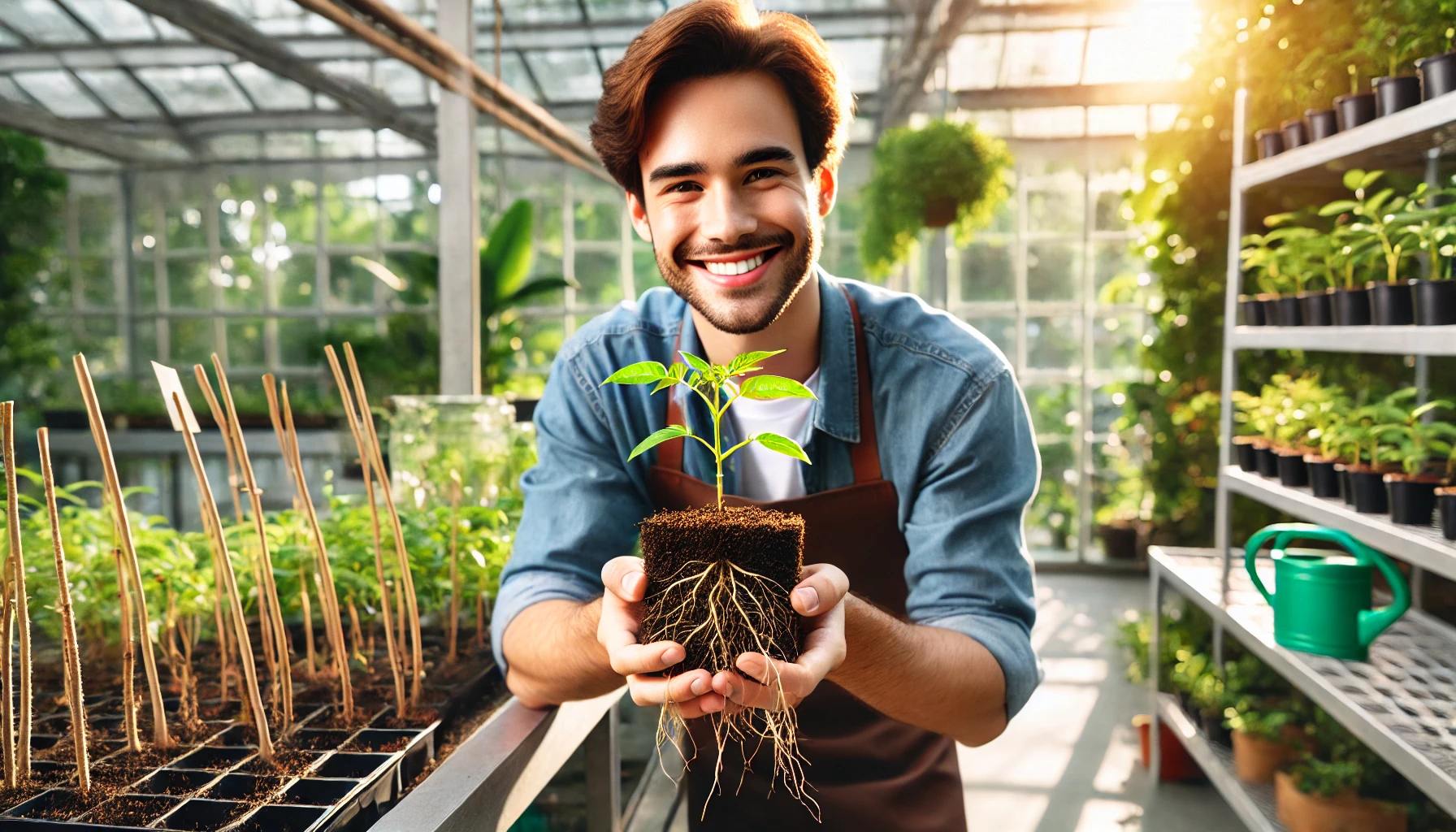 A person holds a potted young plant with visible roots in a lush greenhouse filled with various seedlings and greenery.