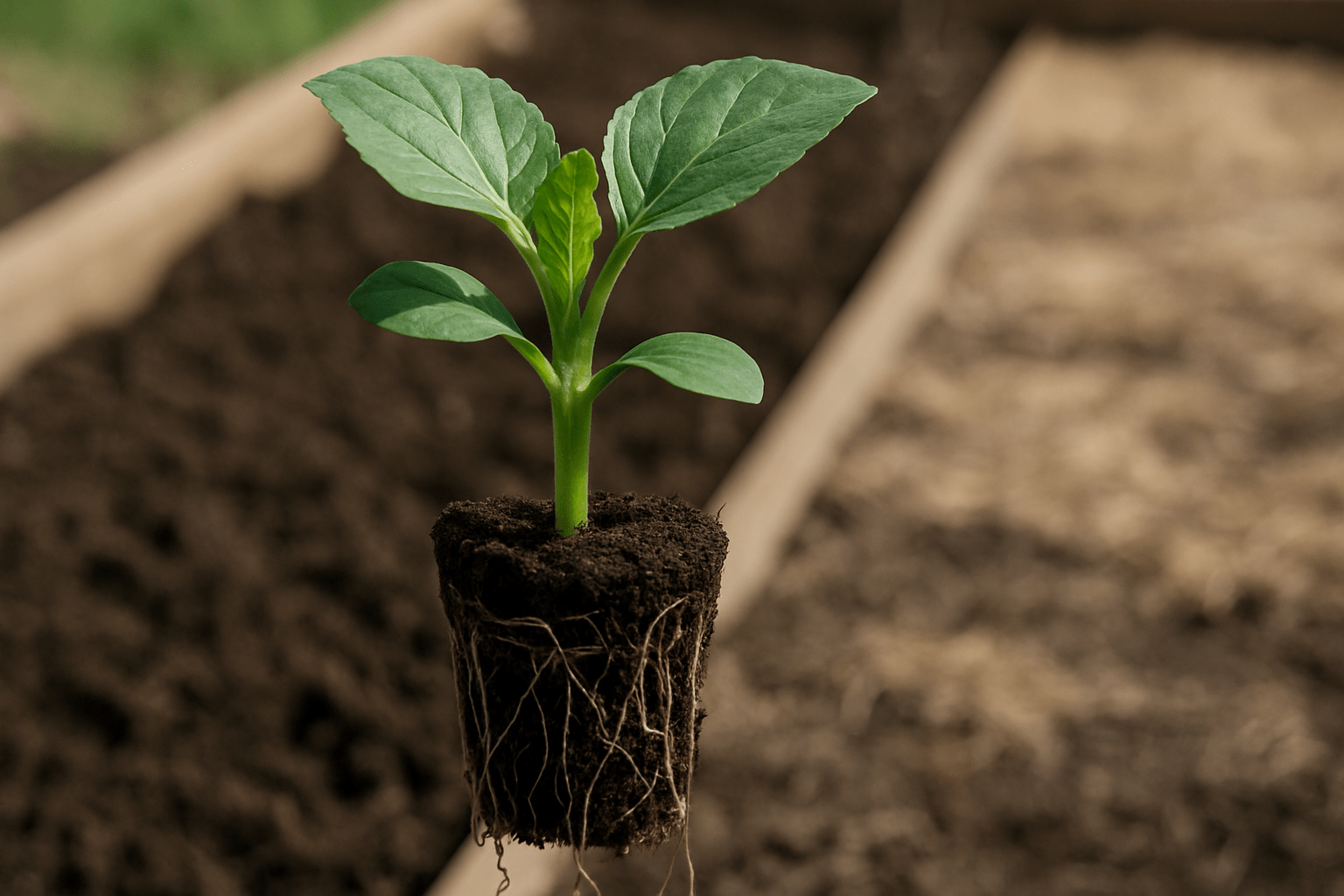 A small green seedling, rooted in dark soil, held above a garden bed with rich brown earth in the background.