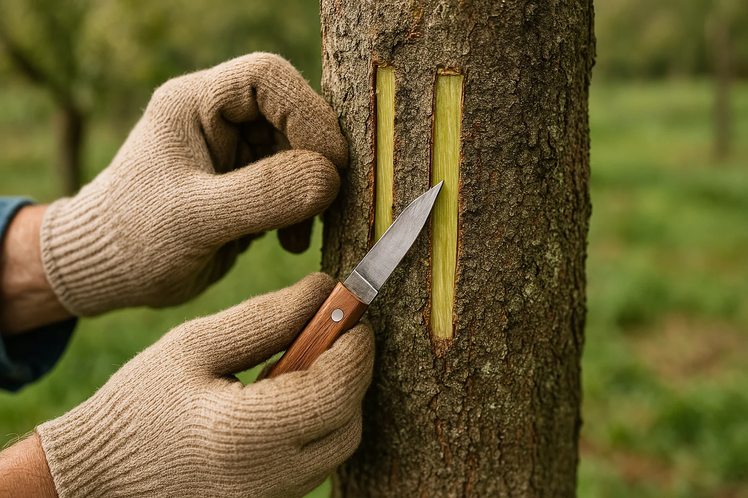 A person wearing beige gloves uses a small knife to cut marks into the side of a tree trunk in a lush, green orchard.