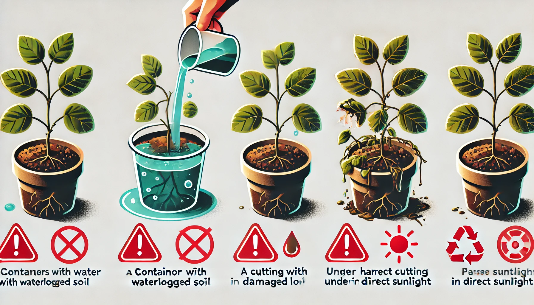 Five illustrated steps showing plant care: issues with overwatering, damaged cuttings, and sunlight exposure for healthy growth.