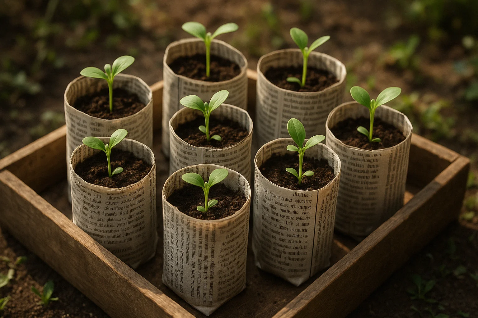 Nine young green seedlings growing in newspaper pots, arranged in a wooden tray, on rich brown soil in a garden setting.