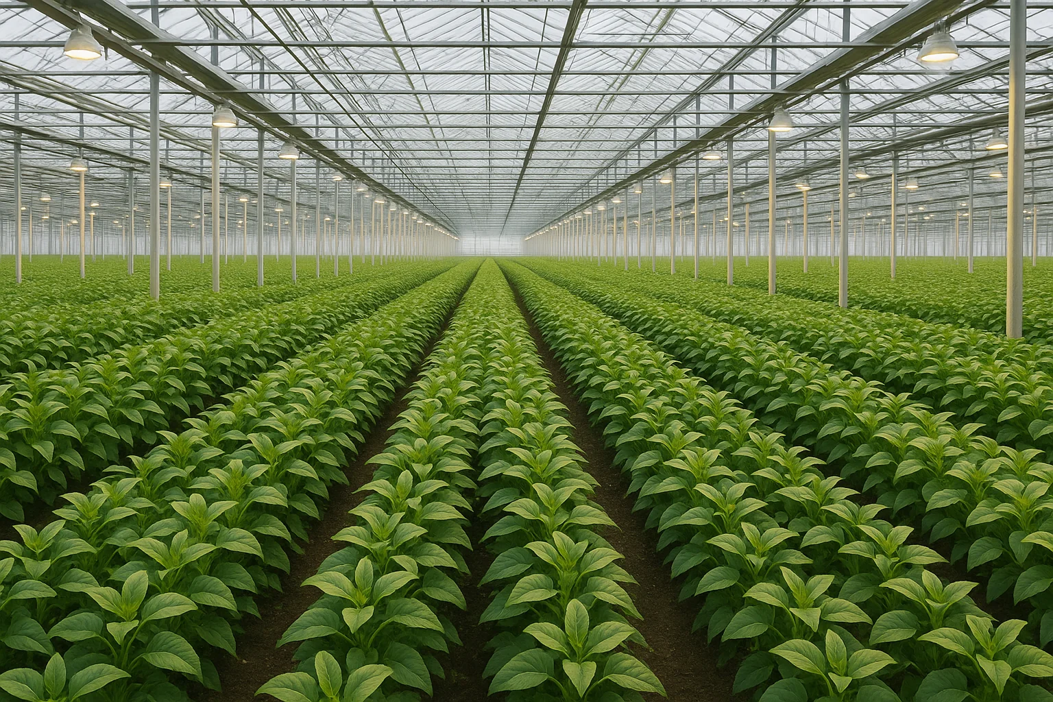 A spacious greenhouse filled with vibrant green tobacco plants arranged in neat rows under bright overhead lights.