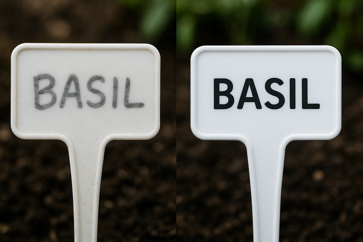 Two plant tags labeled "BASIL," one with faded handwritten text and the other with bold, clear print, placed against rich soil.