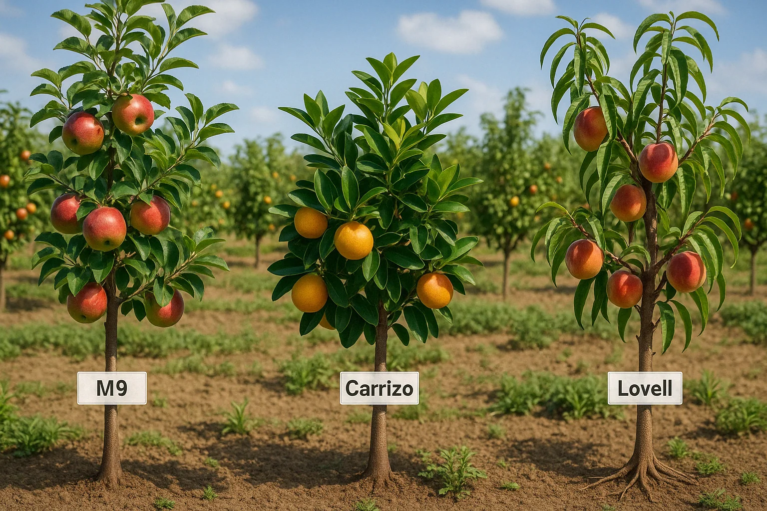 Three fruit trees labeled M9 (apples), Carrizo (oranges), and Lovell (peaches) in a sunny orchard, showcasing ripe fruits.
