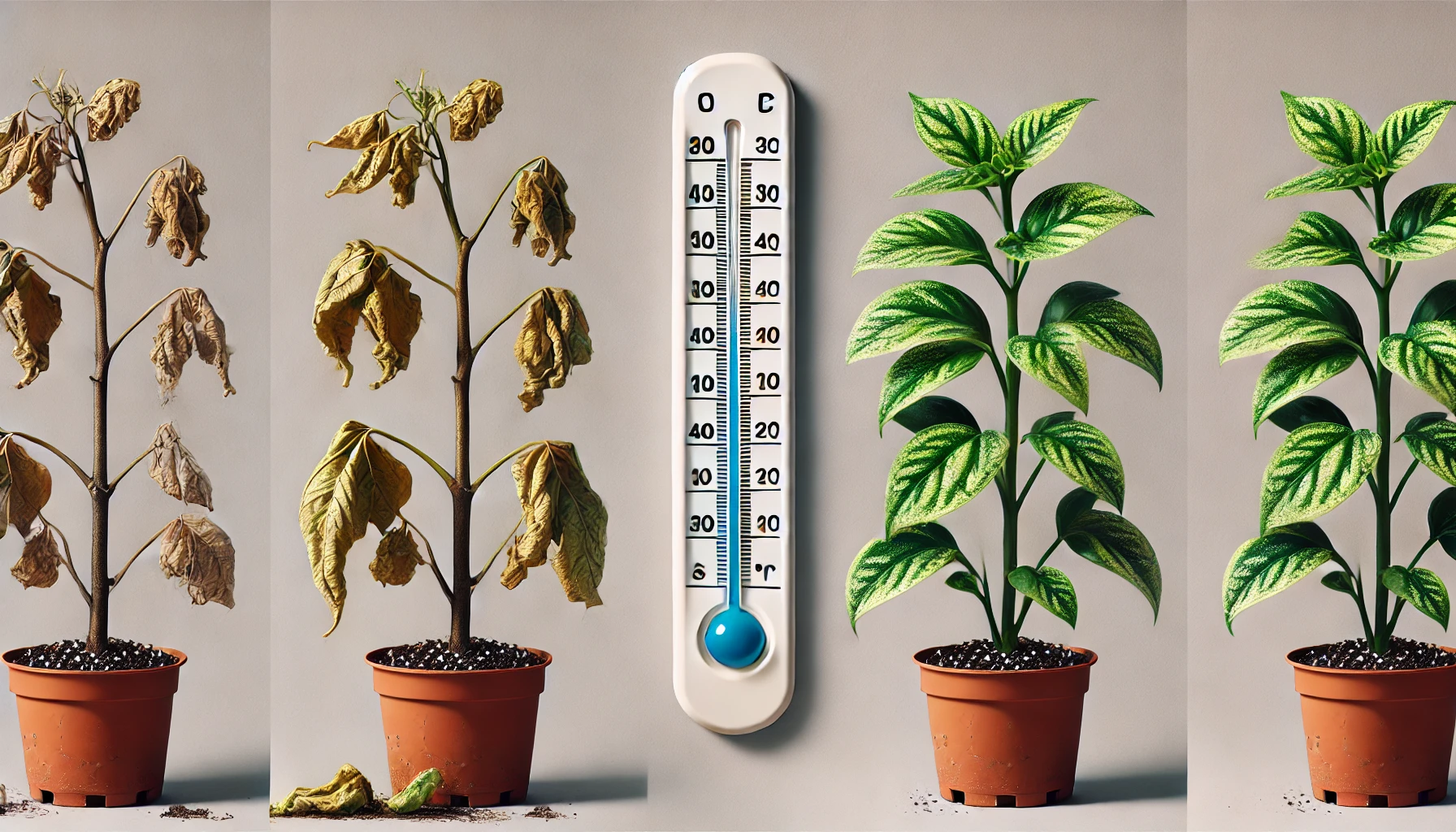 A split image shows a wilting plant on the left and a healthy plant on the right, with a thermometer measuring room temperature in the center.