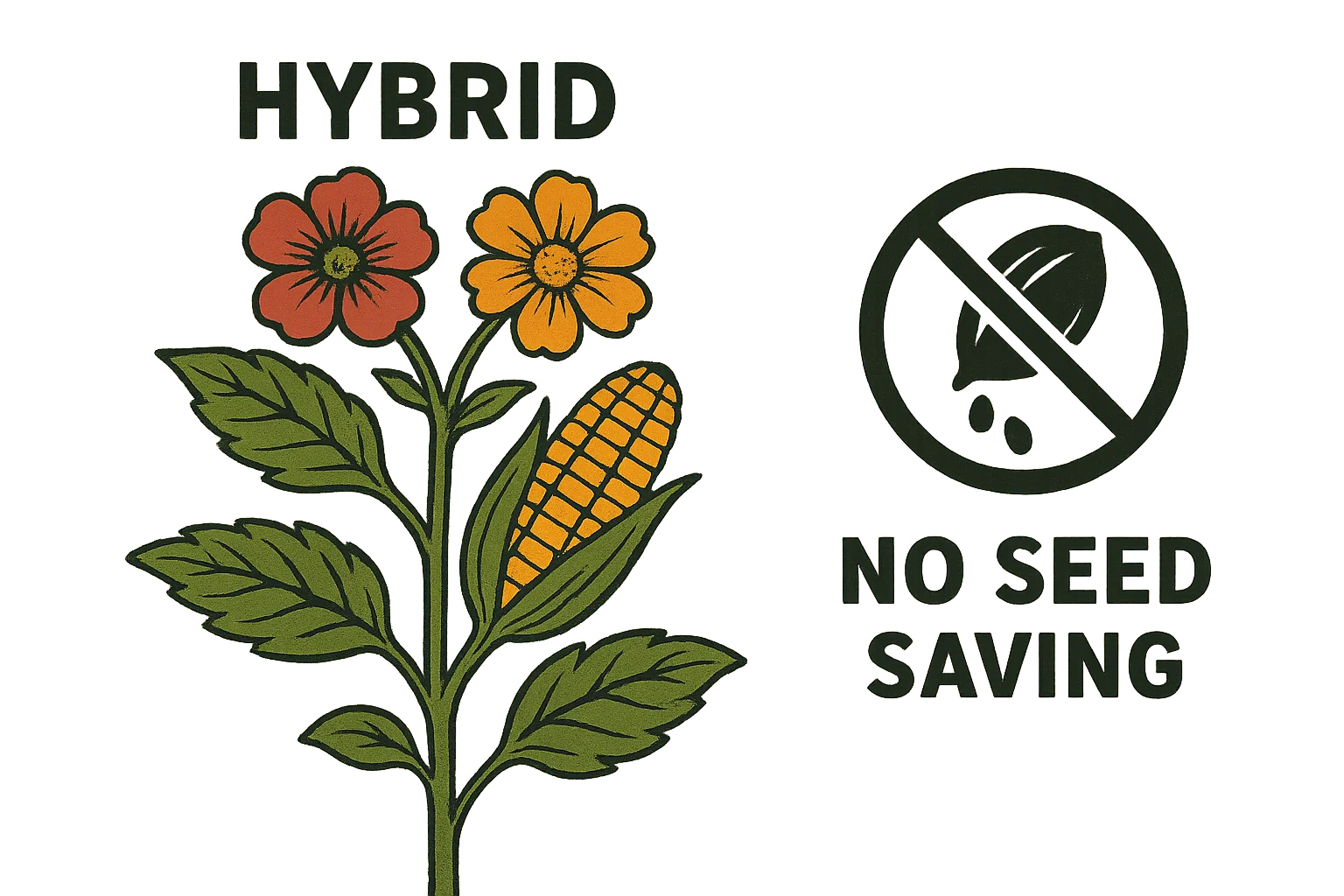 Illustration of a hybrid flower and corn plant, labeled "HYBRID," with a "No Seed Saving" symbol beside it.