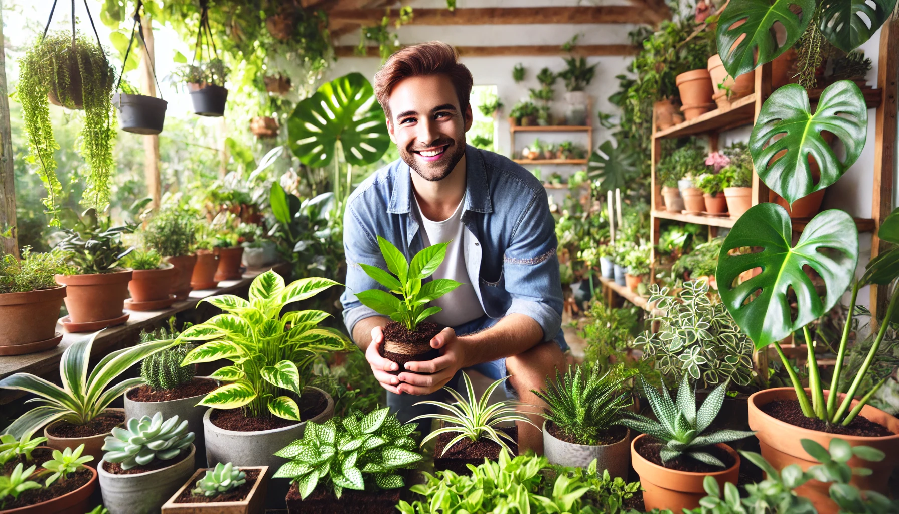 A person holds a young plant in a vibrant indoor garden filled with various potted plants and lush greenery.