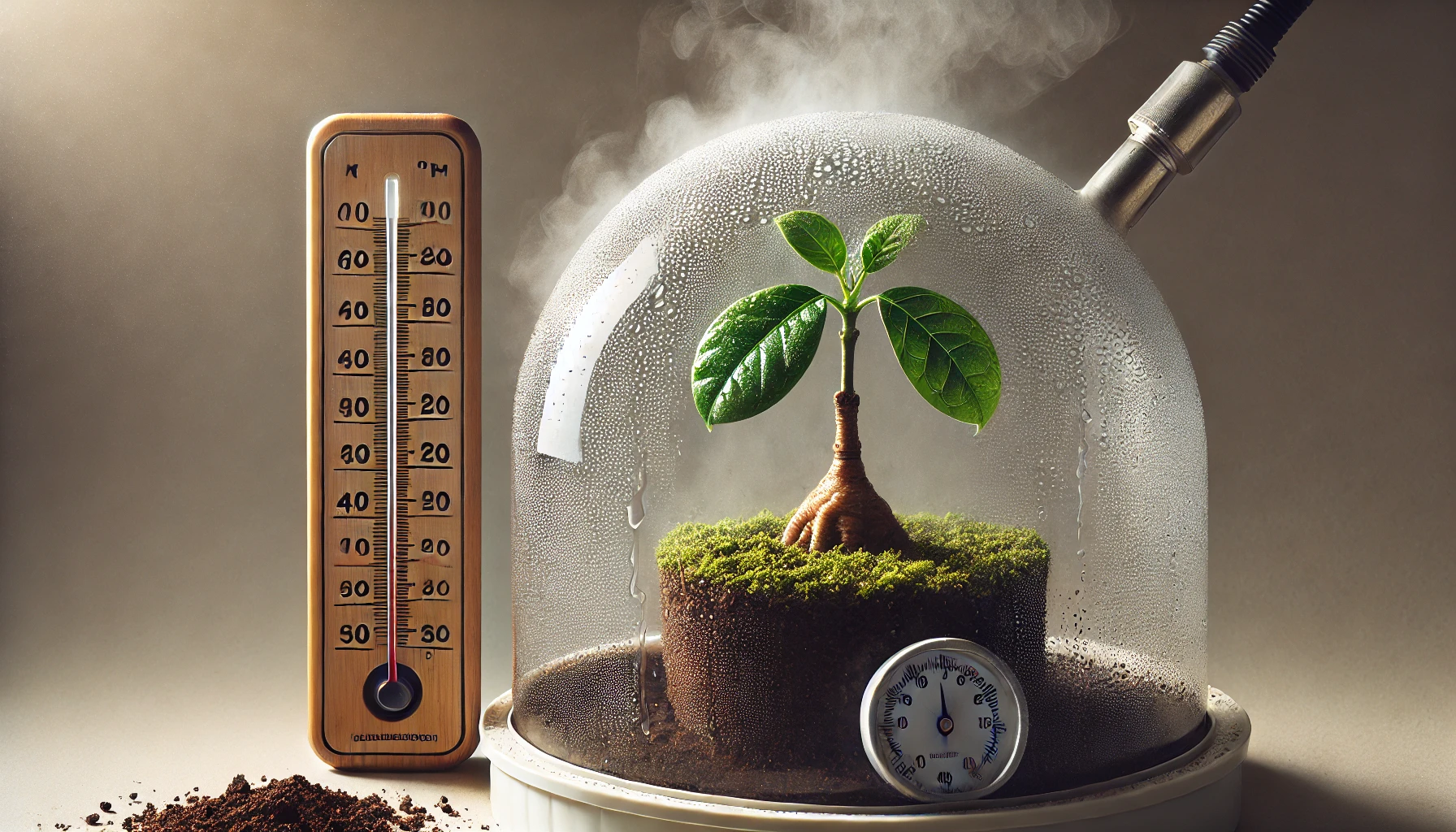 A young plant inside a glass dome, with a thermometer and hygrometer beside it, surrounded by moist soil and moss.