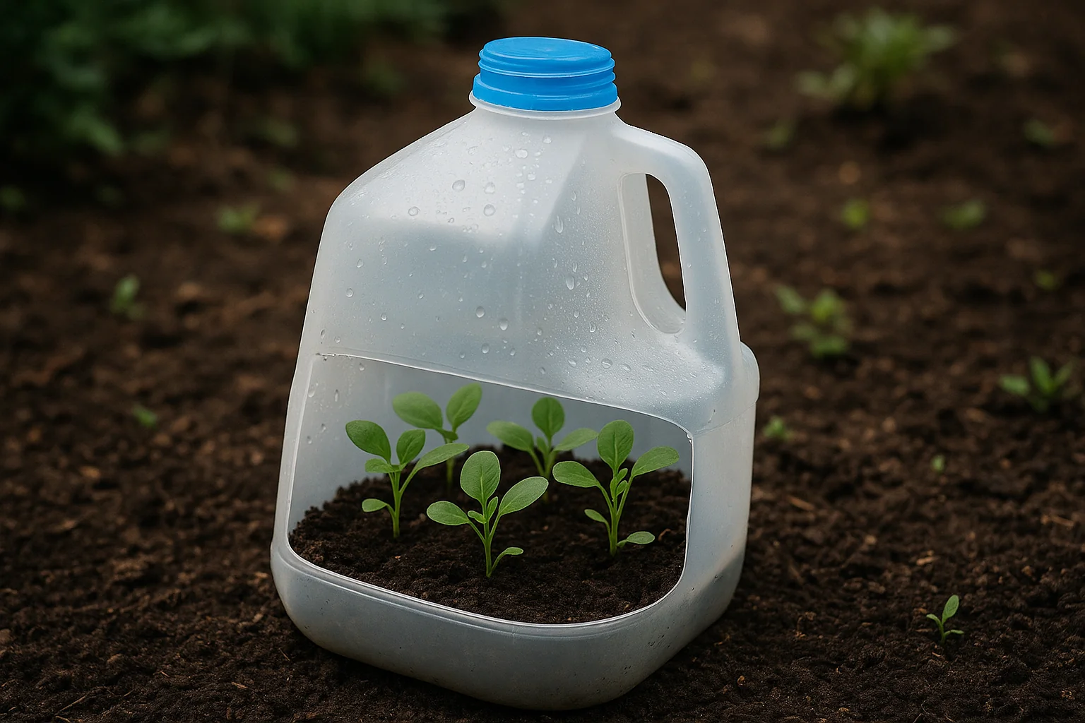 A half-cut plastic milk jug acts as a mini greenhouse, protecting young green seedlings planted in rich soil.